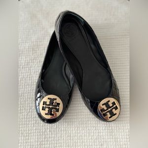 Tory Burch Benton Black Quilted Leather Ballet Women's 10.5M Flats Metal Logo